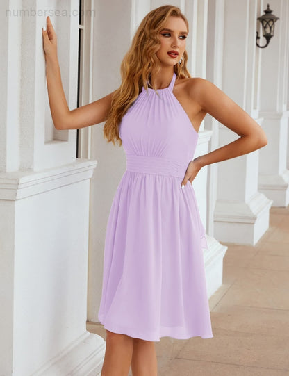 Numbersea Halter Chiffon Bridesmaid Dresses Short Sleeveless Formal Party Dress Open Back Sea28023