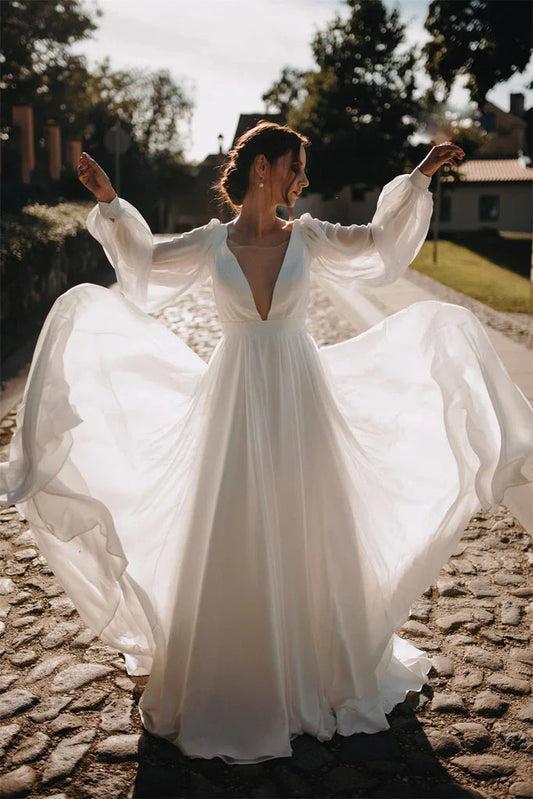 Wedding Dresses Long Sleeves  A Line Chiffon With Puff Sleeves