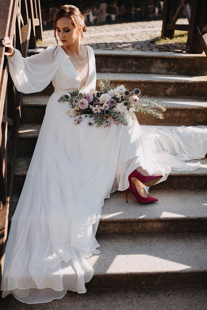 Wedding Dresses Long Sleeves  A Line Chiffon With Puff Sleeves