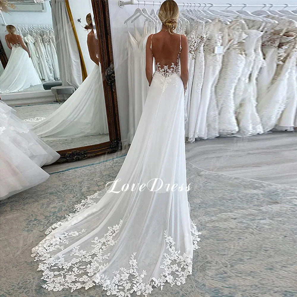 LoveDress Elegante Tiefe V-Ausschnitt Brautkleider 2024 Spitzenapplikationen Rückenfreies A-Linie Brautkleid Ärmellos Tüll Vestido De Noiva