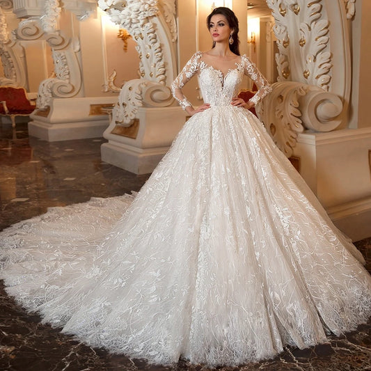 Luxury Lace Wedding Dresses Long Sleeves Princess Sheer Neck Appliques свадебнле платье Vintage Bridal Gowns For Women Custom