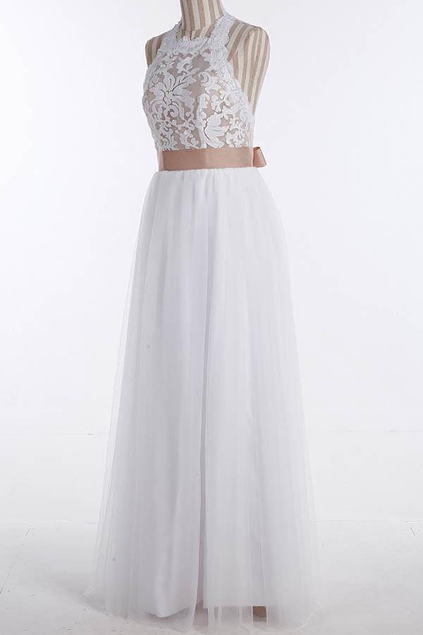 NumberSea Simple Tulle Jewel Lace Top Sleeveless Floor-Length Wedding Dresses, MW213