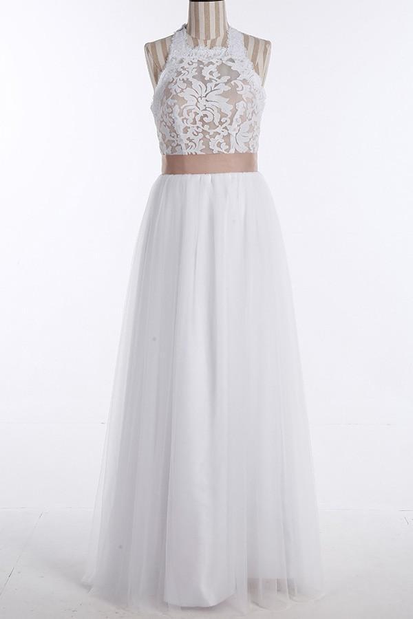 NumberSea Simple Tulle Jewel Lace Top Sleeveless Floor-Length Wedding Dresses, MW213