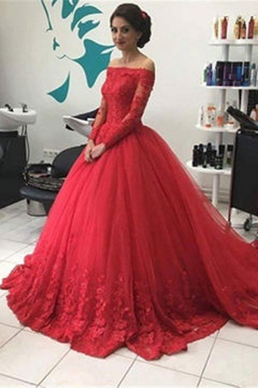 NumberSea NumberSea Rotes schulterfreies Spitzentüllkleid mit langen Ärmeln, Ballkleid, Brautkleider, MP351 