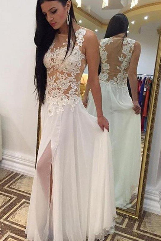 NumberSea White Chiffon High Neck Beaded Floor Length Sleeveless Long Wedding Dresses, MW244