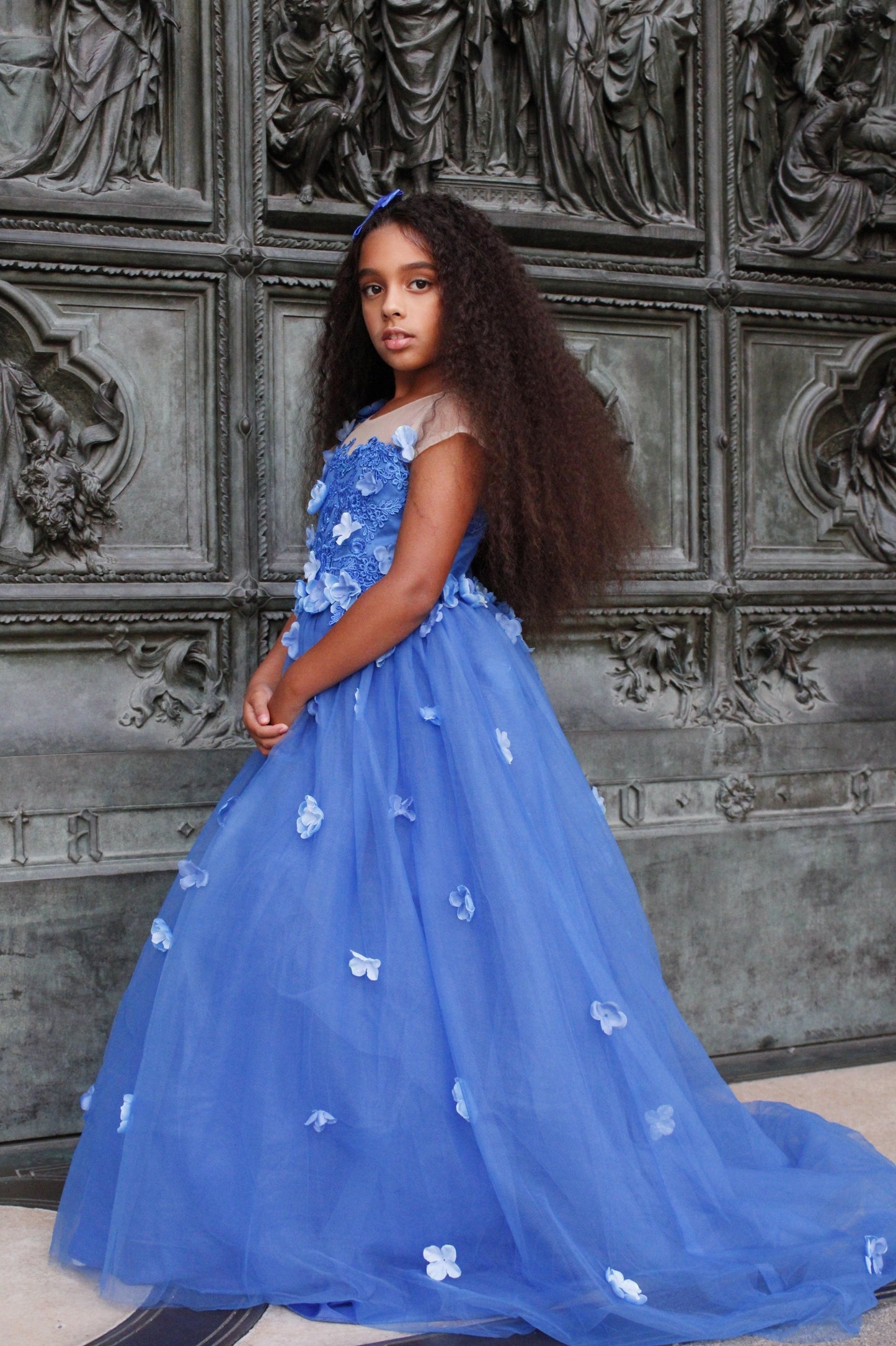 Princess Ball Gown Flower Girl Dress with Appliques and Bow Royal Blue