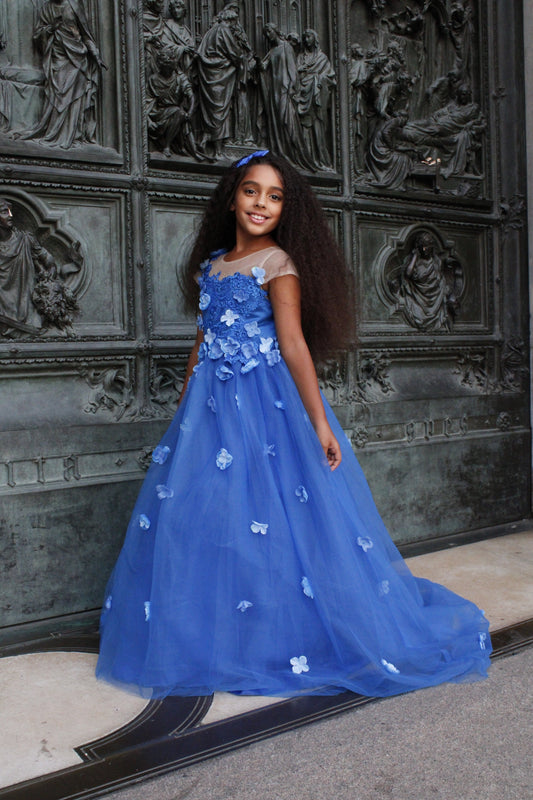 Princess Ball Gown Flower Girl Dress with Appliques and Bow Royal Blue