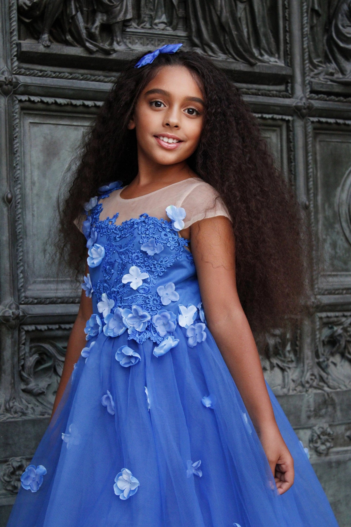 Princess Ball Gown Flower Girl Dress with Appliques and Bow Royal Blue