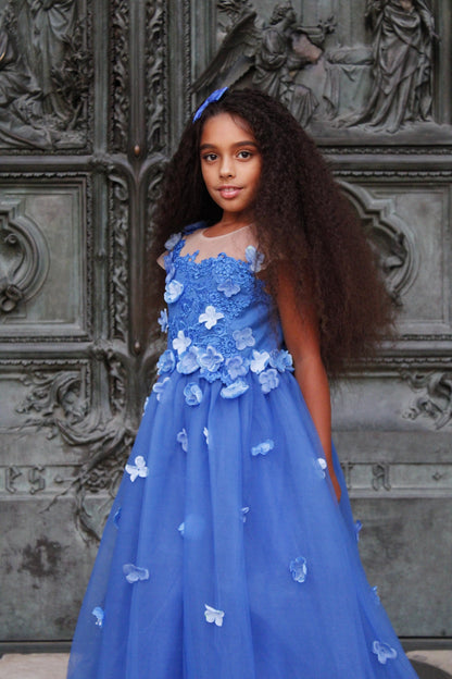 Princess Ball Gown Flower Girl Dress with Appliques and Bow Royal Blue