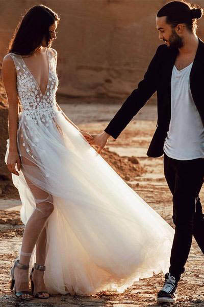 NumberSea Sexy Tulle See-Through A-line V Neck Beach Wedding Dresses with Slit, MW261