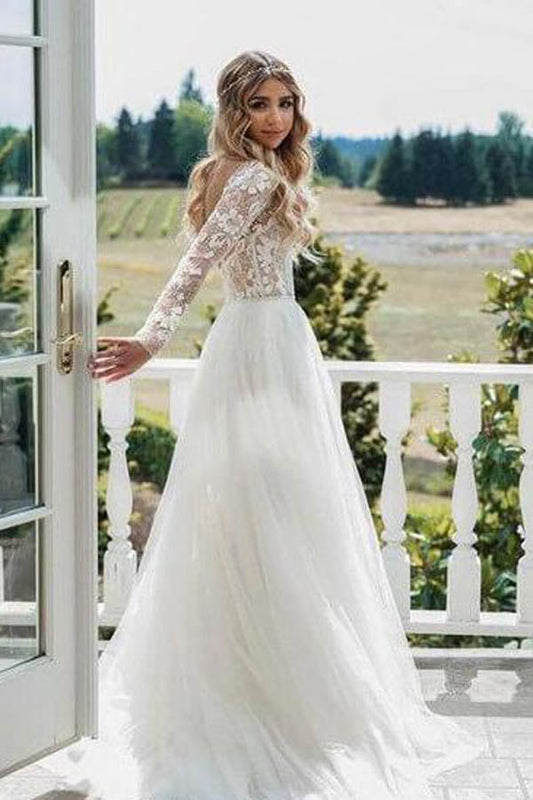 NumberSea See Through Beaded Floral Lace Long Sleeve Boho Wedding Dresses,MW269