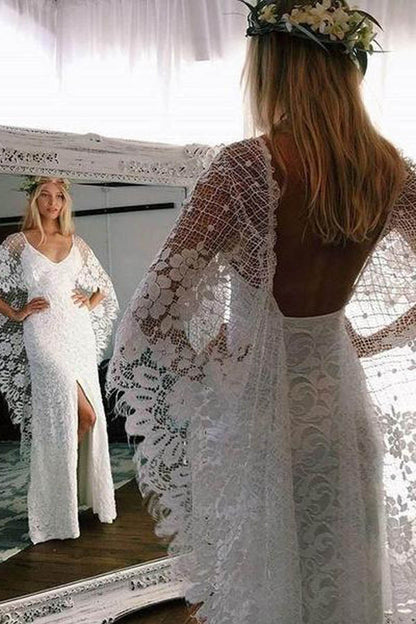 NumberSea Sheath Boho Batwing Sleeve Lace Rustic Ivory Wedding Dresses ,MW276