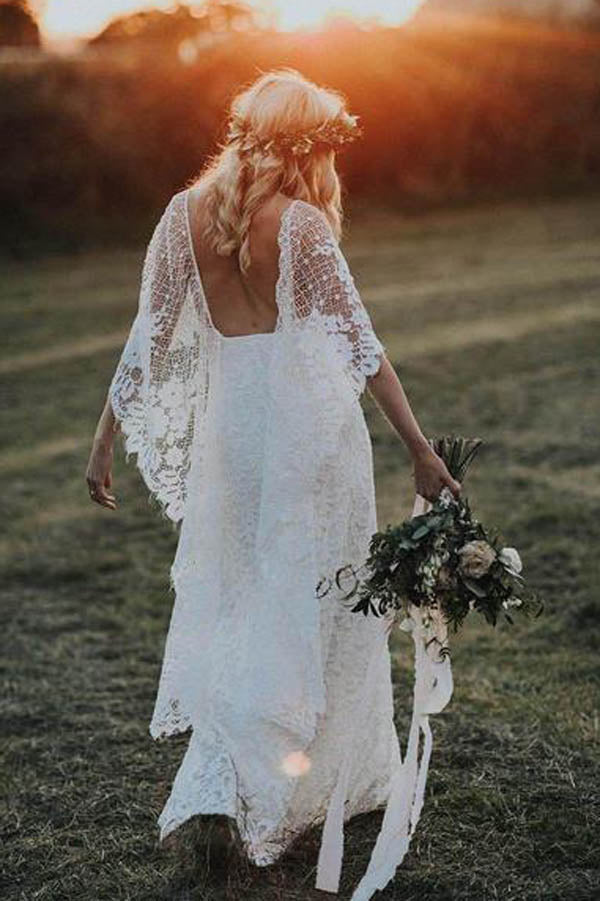 NumberSea Sheath Boho Batwing Sleeve Lace Rustic Ivory Wedding Dresses ,MW276