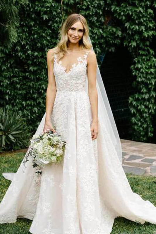 See Through Vintage Lace Illusion Neck Wedding Gowns,MW278