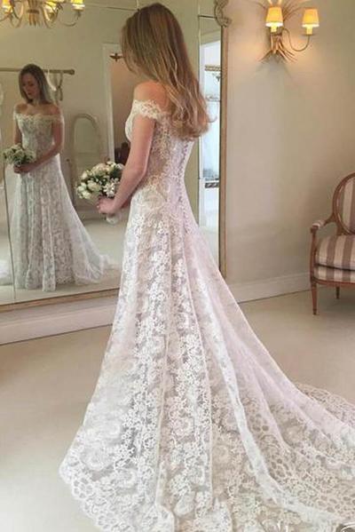 NumberSea Rustikales schulterfreies Spitzen-Brautkleid im Boho-Stil, MW279