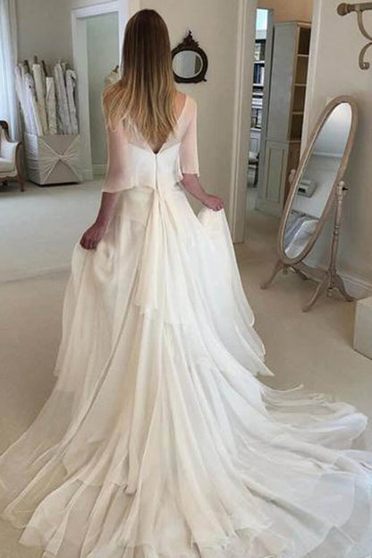 NumberSea Simple Elegant Chiffon with Wrap Sleeve Beach Wedding Dresses  ,MW282