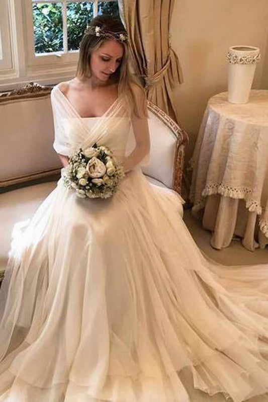 NumberSea Simple Elegant Chiffon with Wrap Sleeve Beach Wedding Dresses  ,MW282