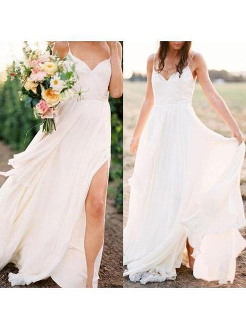 NumberSea Simple Spaghetti Strap Summer Cheap Wedding Dresses with Slit, MW286