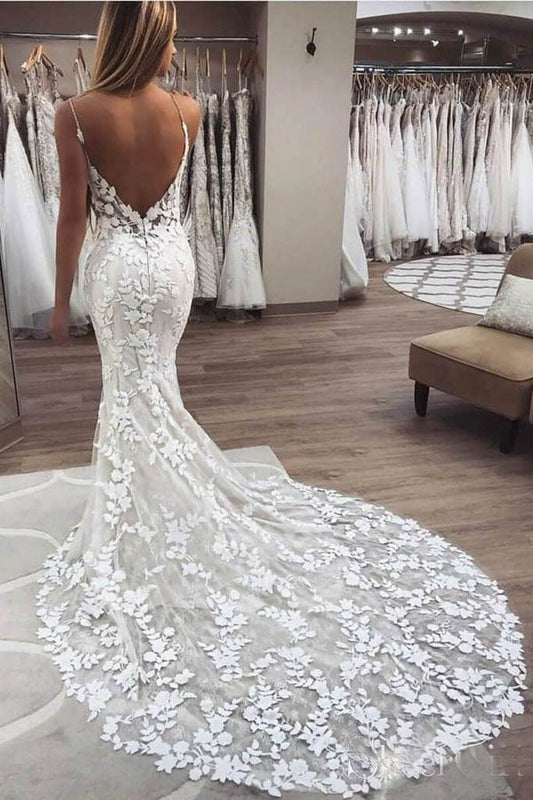 NumberSea Spaghetti Strap Vintage Mermaid Lace Appliques Wedding Dress,MW288