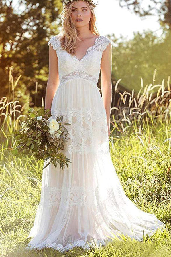 NumberSea Simple A-Line V-Neck Bohemian Lace Bridal Gown Beach Wedding Dresses,MW293