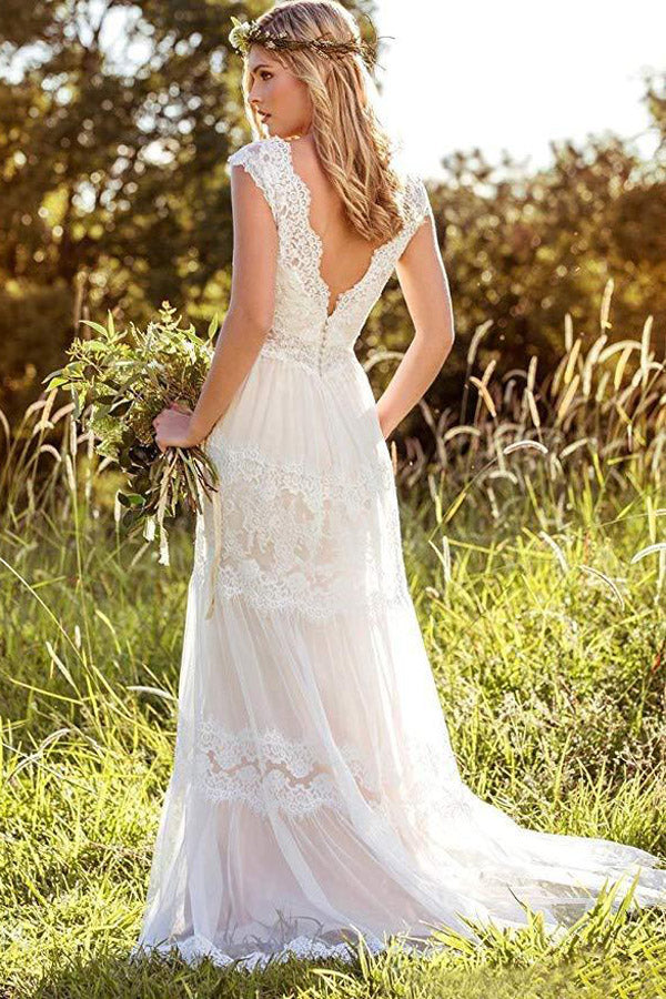 NumberSea Simple A-Line V-Neck Bohemian Lace Bridal Gown Beach Wedding Dresses,MW293