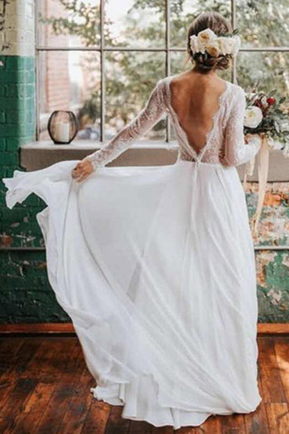 NumberSea Romantic Boho Long Sleeve Beach Lace Backless Wedding Dress,MW294