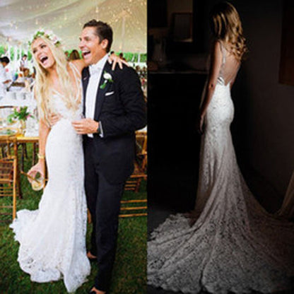 NumberSea Simple Ivory Lace Country Wedding Dresses V-Neck Mermaid Wedding Dress,MW296