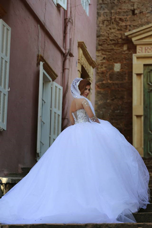 NumberSea Vintage Long Sleeve Beadings Ball Gown Tulle Wedding Dress,MW297