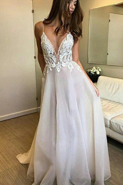 NumberSea Spaghetti Straps Deep V-neck Lace Appliqued Beach Wedding Dress, MW306