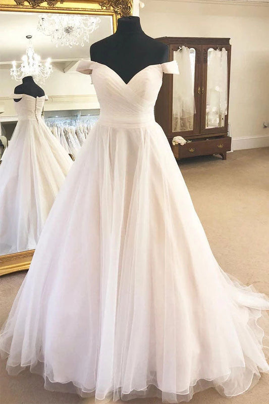 NumberSea Tulle Off the Shoulder A-Line Sleeveless Ivory Wedding Dress with Pleats,MW330