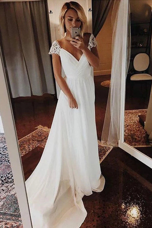 NumberSea Simple A-line Chiffon Wedding Dresses Cap Sleeve V-neck Bohemian Beach Bridal Gowns,MW335