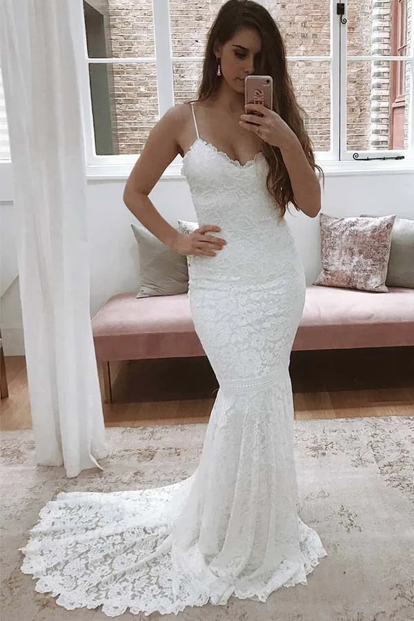 NumberSea Spaghetti Straps Mermaid All Over Lace Sleeveless White Wedding Dress,MW354