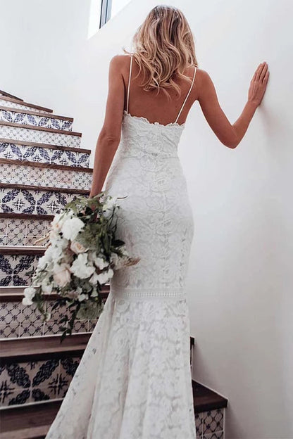 NumberSea Spaghetti Straps Mermaid All Over Lace Sleeveless White Wedding Dress,MW354