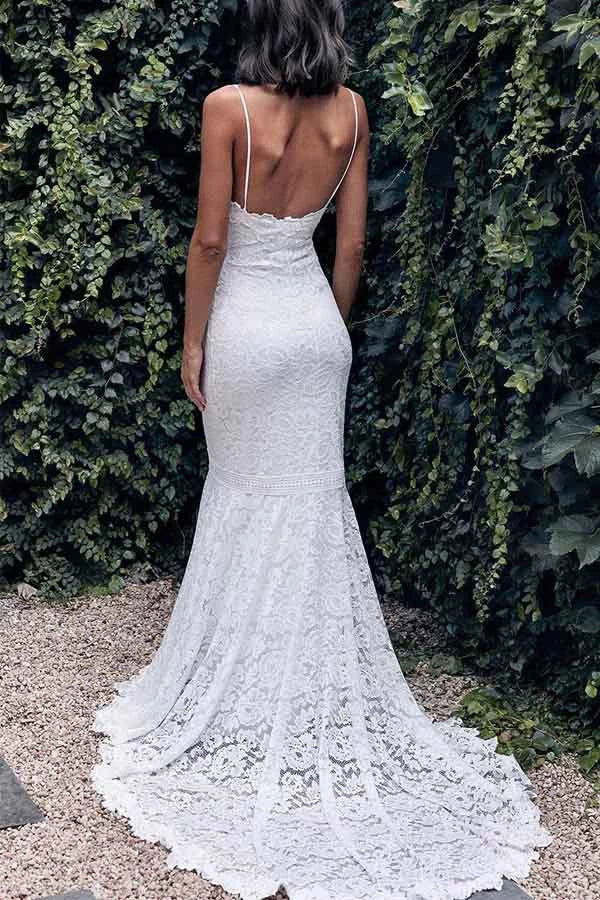 NumberSea Spaghetti Straps Mermaid All Over Lace Sleeveless White Wedding Dress,MW354