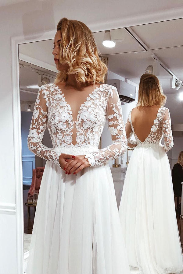 NumberSea Simple A-line V-neck Open Back Ivory Lace Long Sleeves Wedding Dresses,MW381