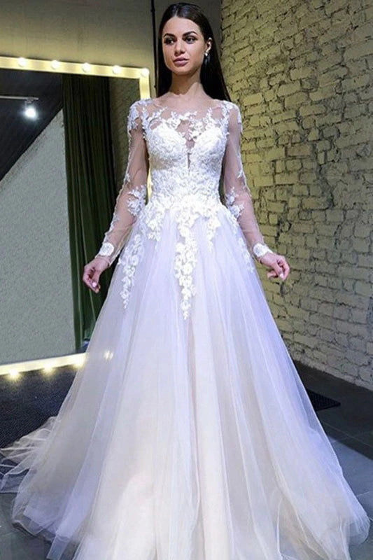 NumberSea Tulle A-line Long Sleeves Round Neck Lace Appliques Wedding Dresses,MW395