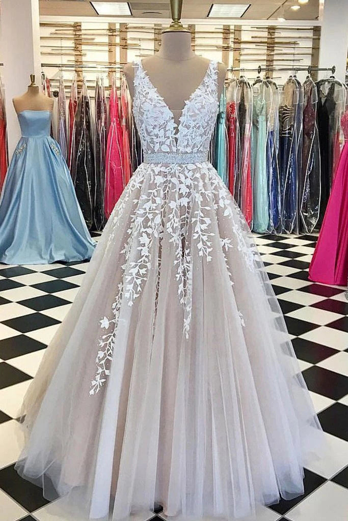 NumberSea NumberSea V-neck Lace Long Wedding Dress,Tulle Ball Gown Prom Dress With Appliques,MW396