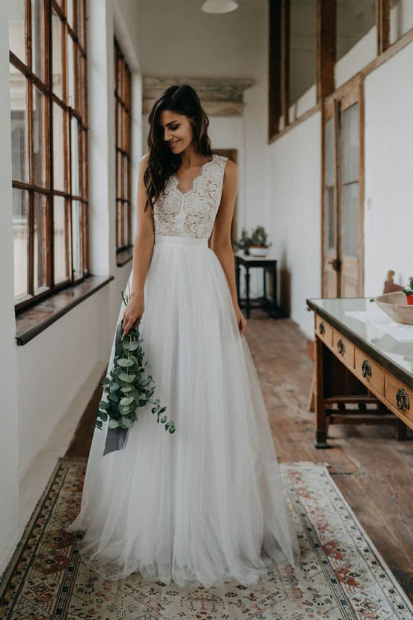 NumberSea Simple A-ine V-neck Open Back Tulle & Lace Wedding Dresses,Beach Wedding Dresses,MW400