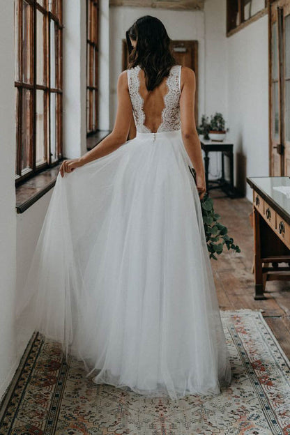 NumberSea Simple A-ine V-neck Open Back Tulle & Lace Wedding Dresses,Beach Wedding Dresses,MW400