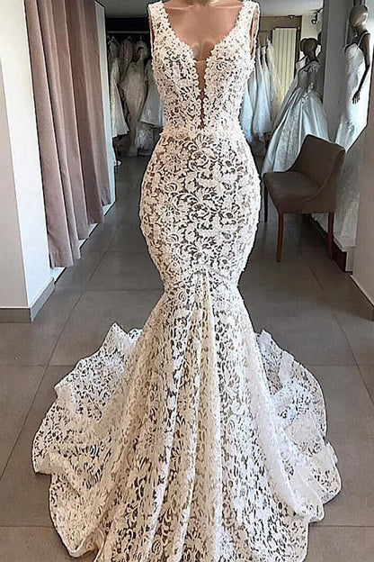 NumberSea Vintage Mermaid V-neck Open Back Ivory Lace Wedding Dresses, Elegant Wedding Gown,MW405