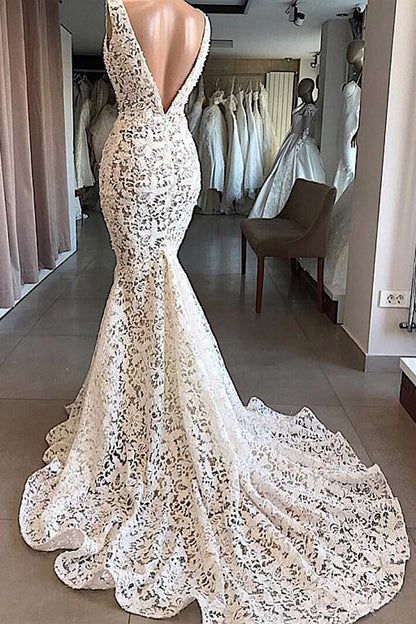 NumberSea Vintage Mermaid V-neck Open Back Ivory Lace Wedding Dresses, Elegant Wedding Gown,MW405