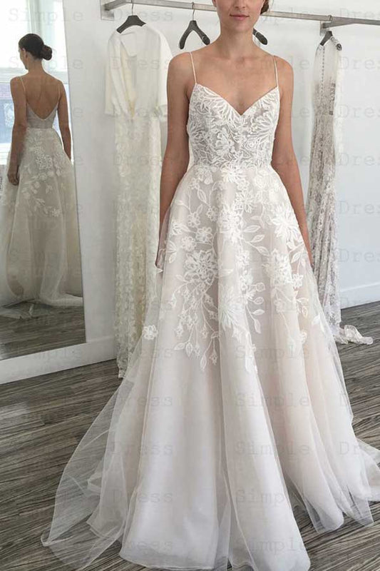 NumberSea Simple Sweetheart Spaghetti Straps Ivory Wedding Dresses with Lace,Appliques with Wedding Gowns,MW415