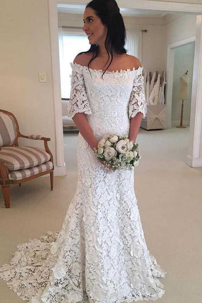 NumberSea Off Shoulder Lace Short Sleeves Cheap Wedding Dresses Online,Cheap Bridal Dresses,MW425