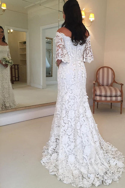 NumberSea Off Shoulder Lace Short Sleeves Cheap Wedding Dresses Online,Cheap Bridal Dresses,MW425