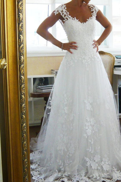 NumberSea Simple Wedding Dresses V-neck A-line Brush Train White Lace Bridal Gown,MW433