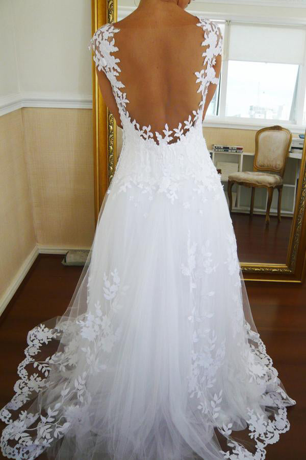 NumberSea Simple Wedding Dresses V-neck A-line Brush Train White Lace Bridal Gown,MW433