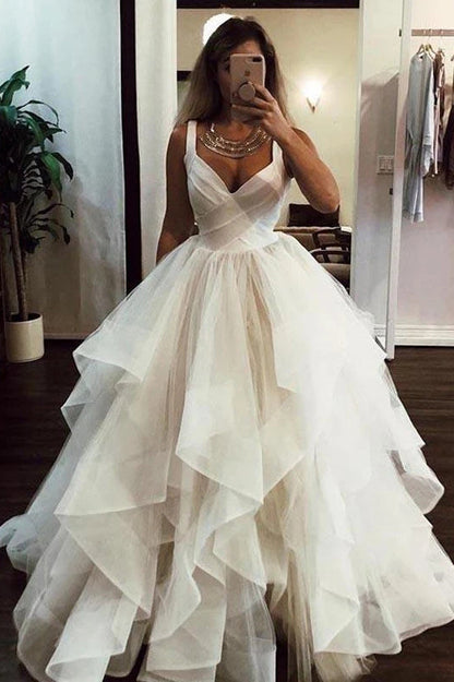 NumberSea Tulle Ball Gown Wedding Dress with Straps Backless V-neck Bridal Gown,MW450