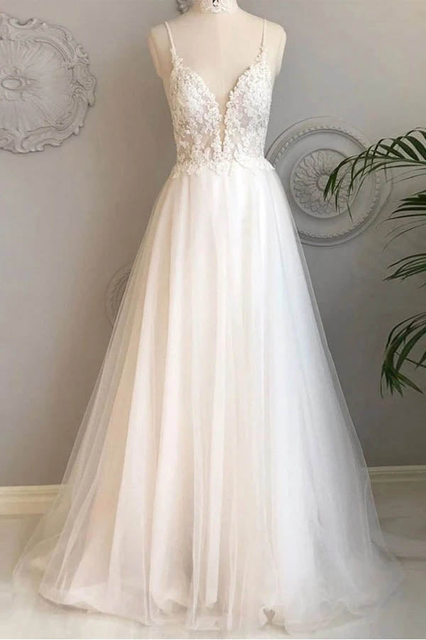 NumberSea Simple Spaghetti Straps A-line Beach Wedding Dresses Lace Wedding Gowns,MW463