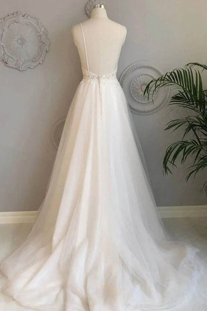 NumberSea Simple Spaghetti Straps A-line Beach Wedding Dresses Lace Wedding Gowns,MW463