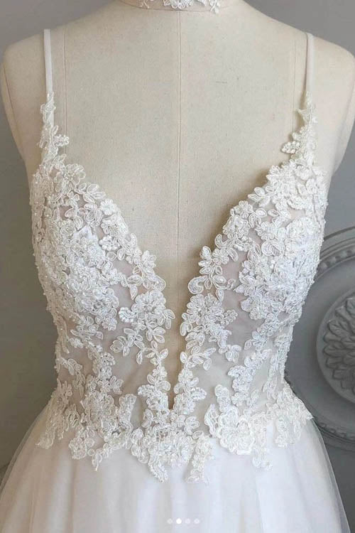 NumberSea Simple Spaghetti Straps A-line Beach Wedding Dresses Lace Wedding Gowns,MW463